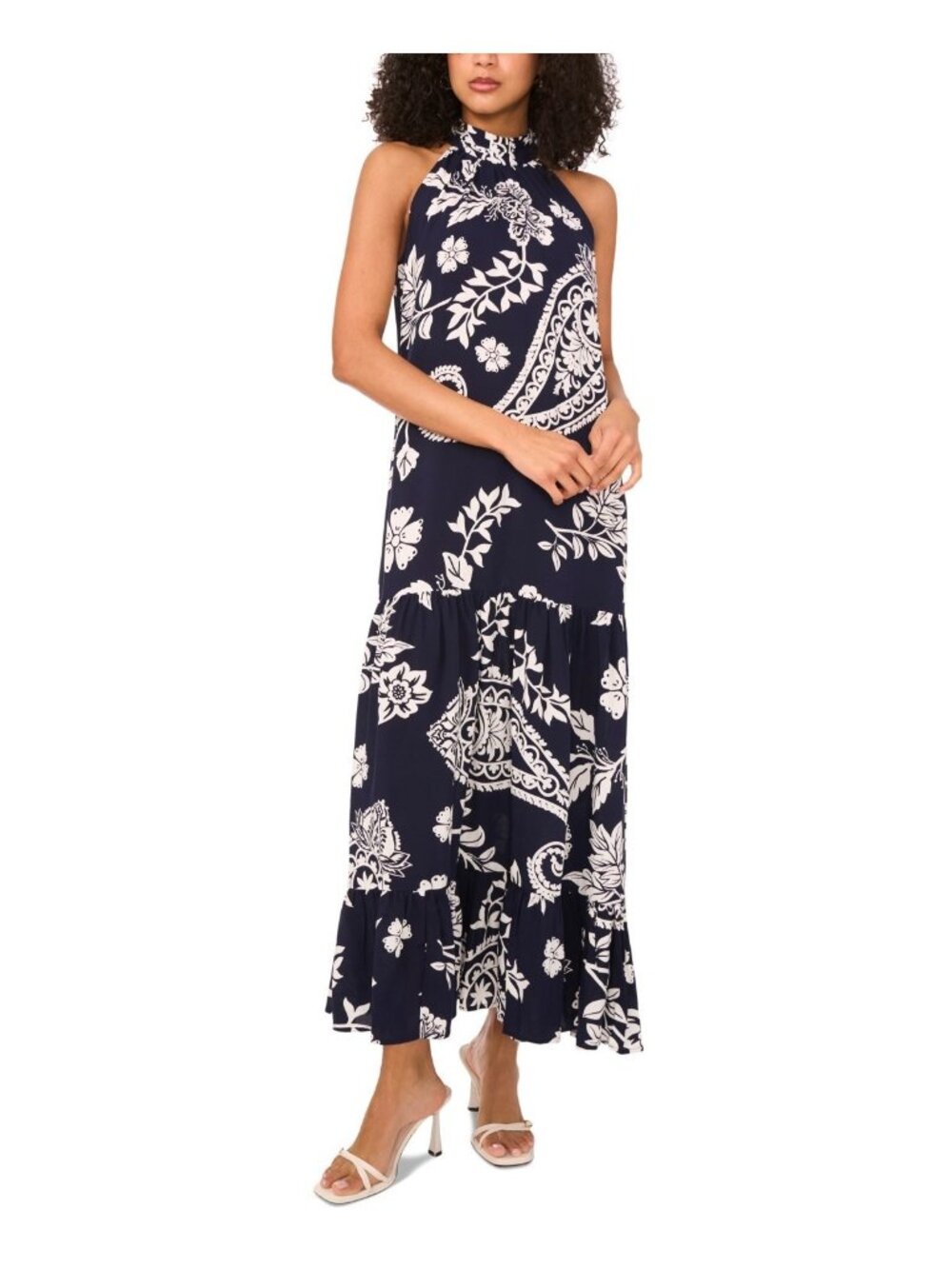 MSK Women's Mock-Neck Paisley-Print Tiered Rayon Dress Navy Blue Size L $69